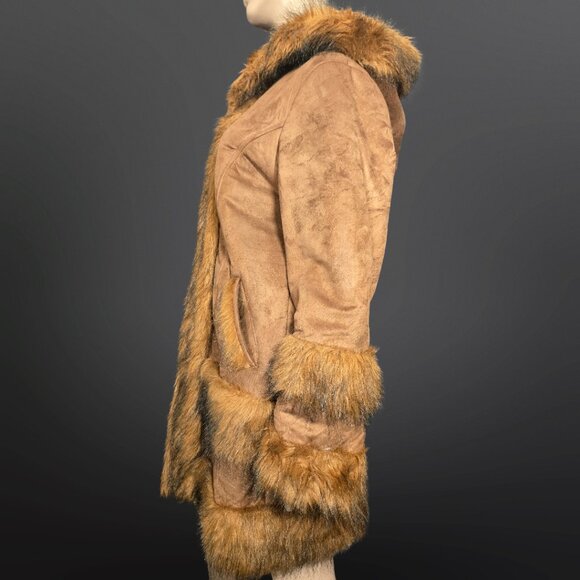 Vintage 60s 70s Penny Lane Coat Size M Boho Brown Faux Suede Faux Fur Mid Length - Picture 11 of 16
